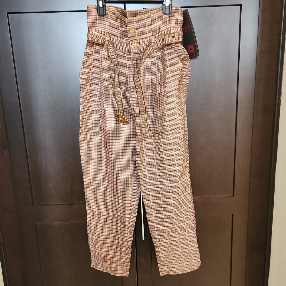 High-Waisted Plaid Pants with Belt